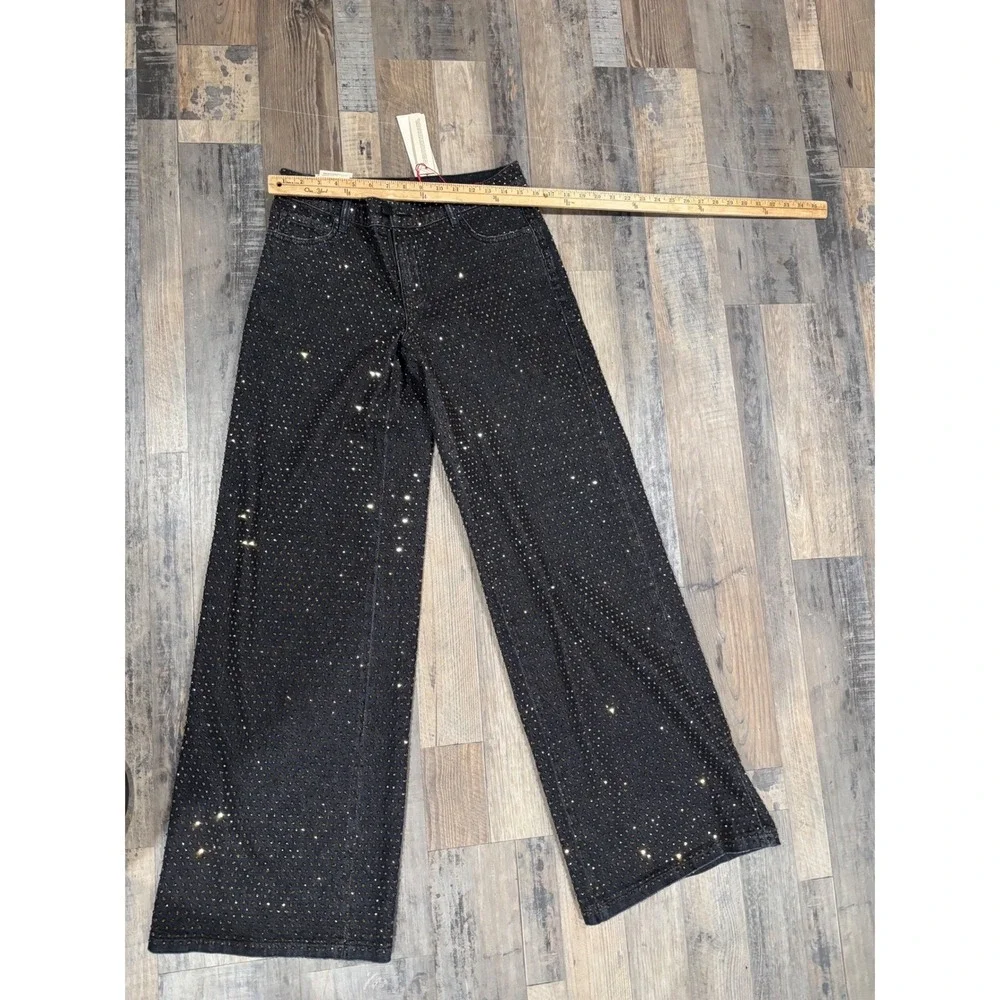 Alice and Olivia Black Gold Rhinestone Embellished Wide Leg Jeans High Rise | 28 - Picture 3 of 10